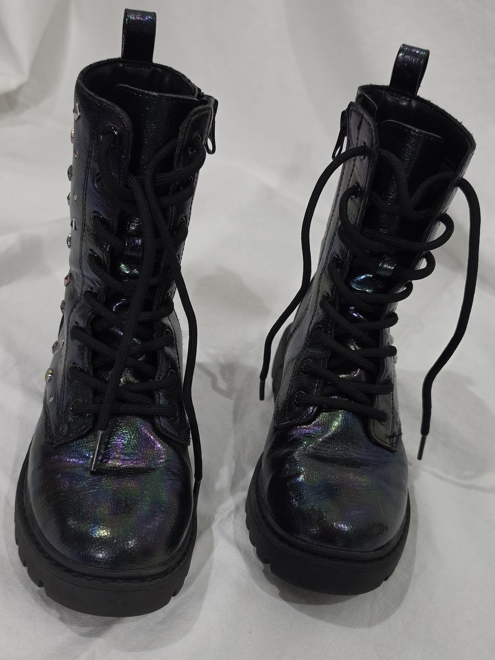 Art Class Iridescent Black Combat Boots with Rainbow Sheen